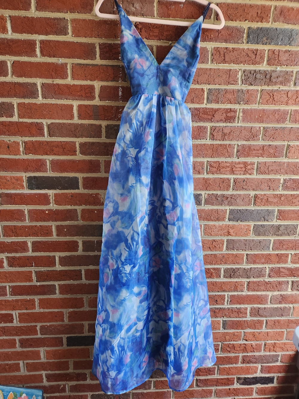 Bloom Wildly Navy Blue Floral Organza Maxi Dress Large Fairy Adj Straps Halter